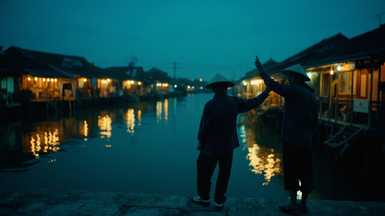 A guide gesturing toward the river at blue hour