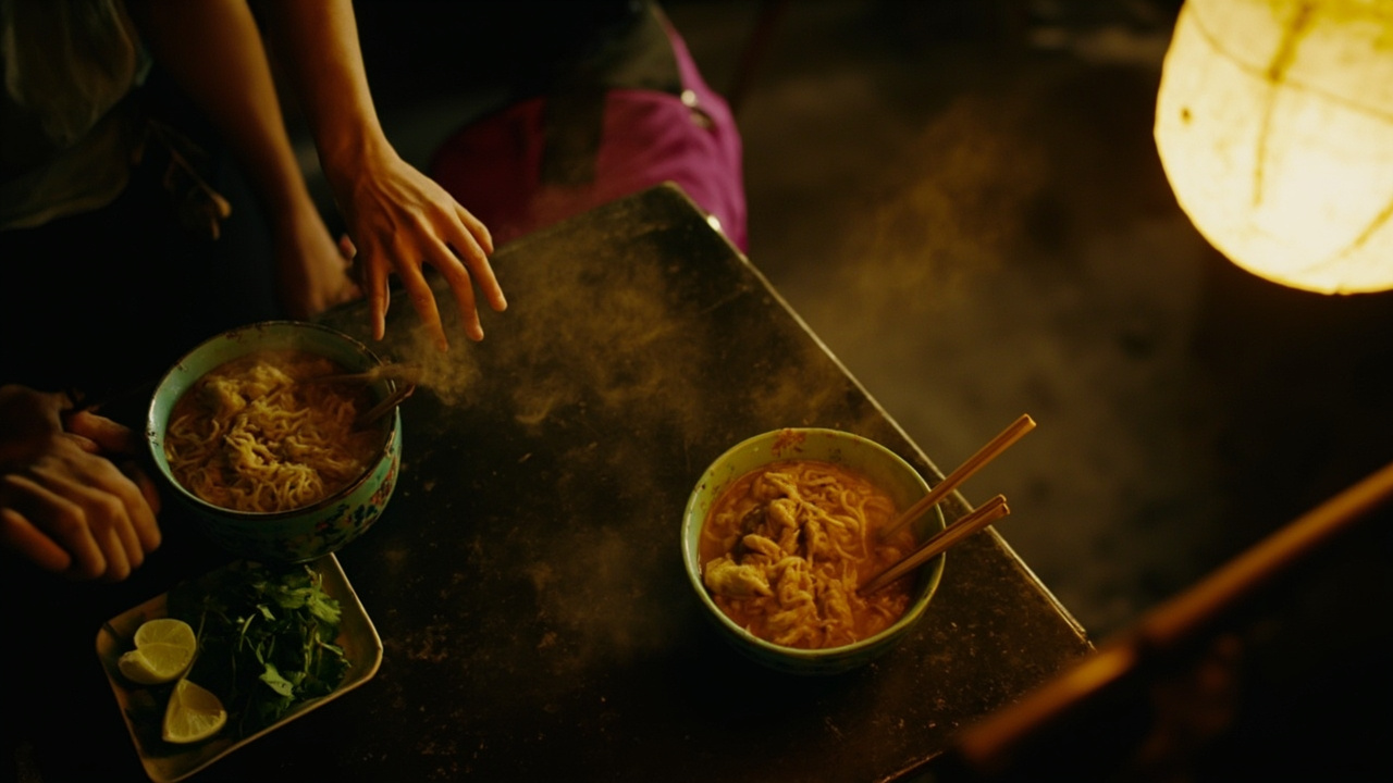 Shared bowls of noodle soup on a night-market table
