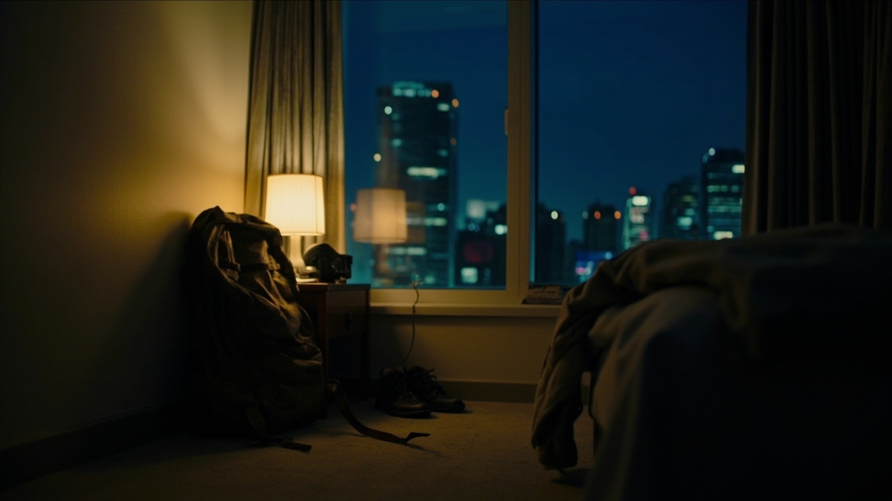 A travel backpack in a warm-lit hotel corner