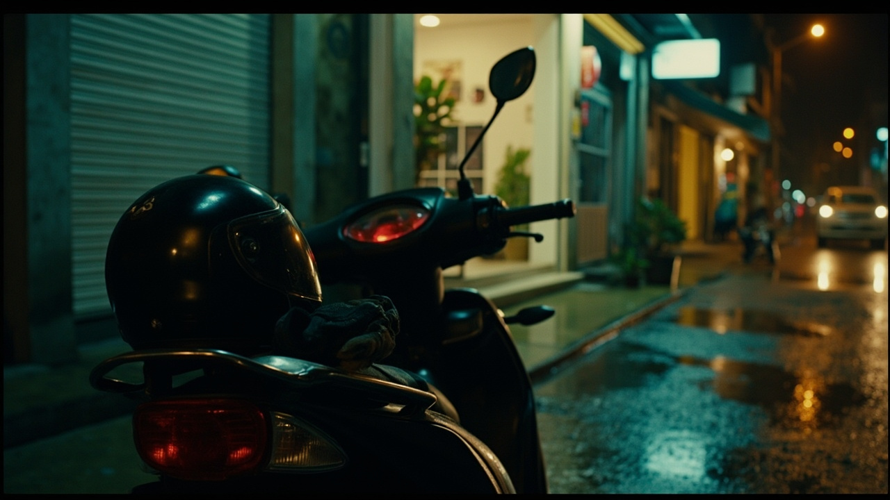 A helmet and gloves on a parked motorbike at night